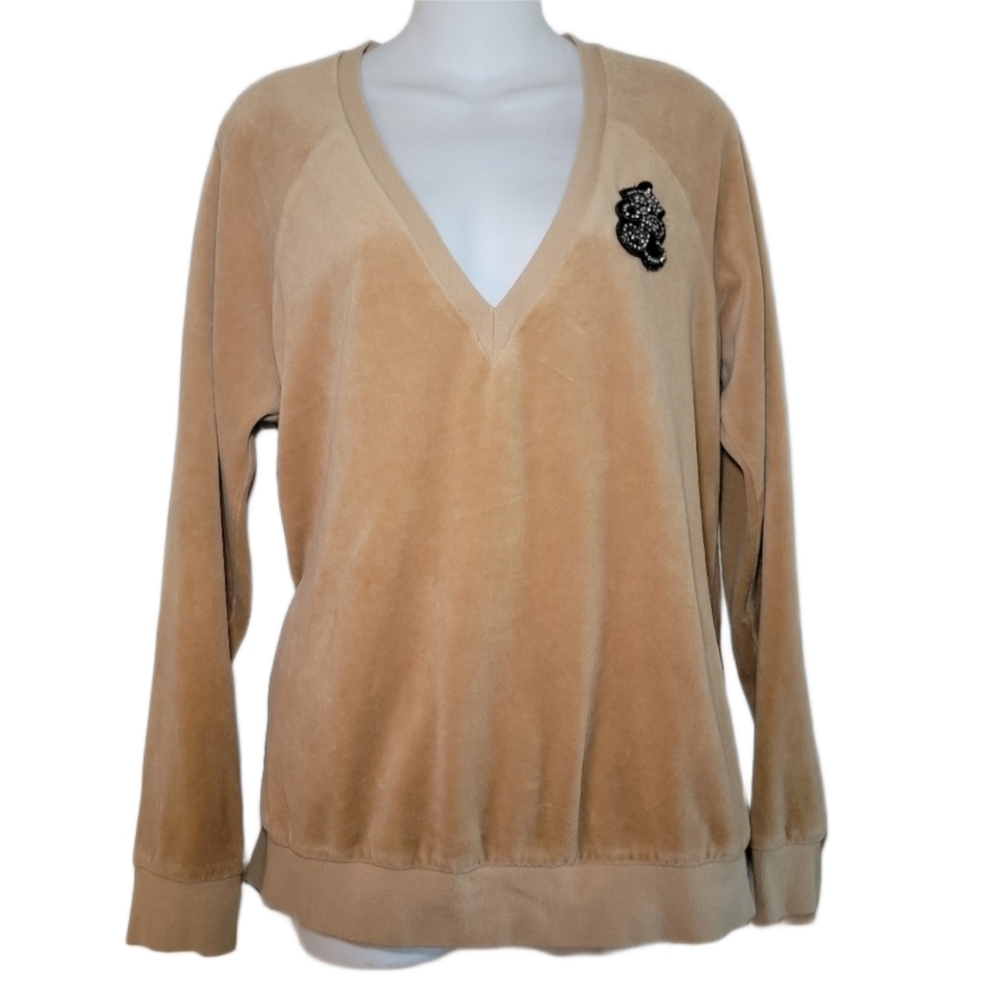 Juicy Couture Tan V-Neck Velour Sweater Size L